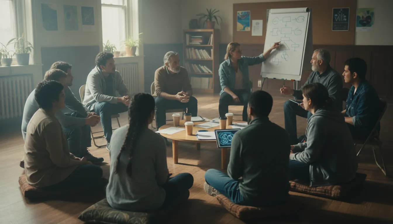 Group of people sitting in a circle during a community organizing meeting discussing strategy