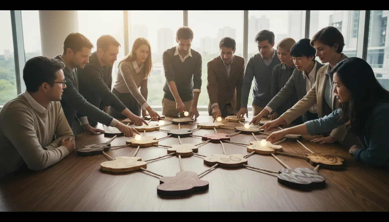 Diagram showing horizontal organizational structure with interconnected nodes representing cooperative members