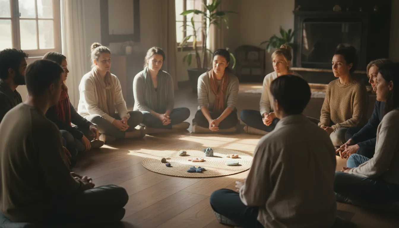 Illustration of people gathered in circle for collective decision-making meeting