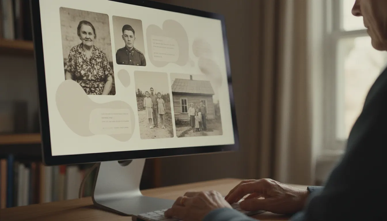 Computer screen displaying a memorial website with biographical information and archival photographs