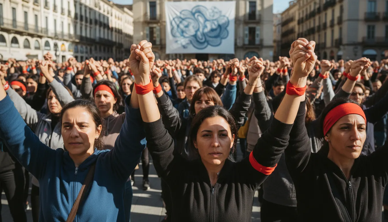 Crowd of protesters standing together in solidarity holding hands and raising arms