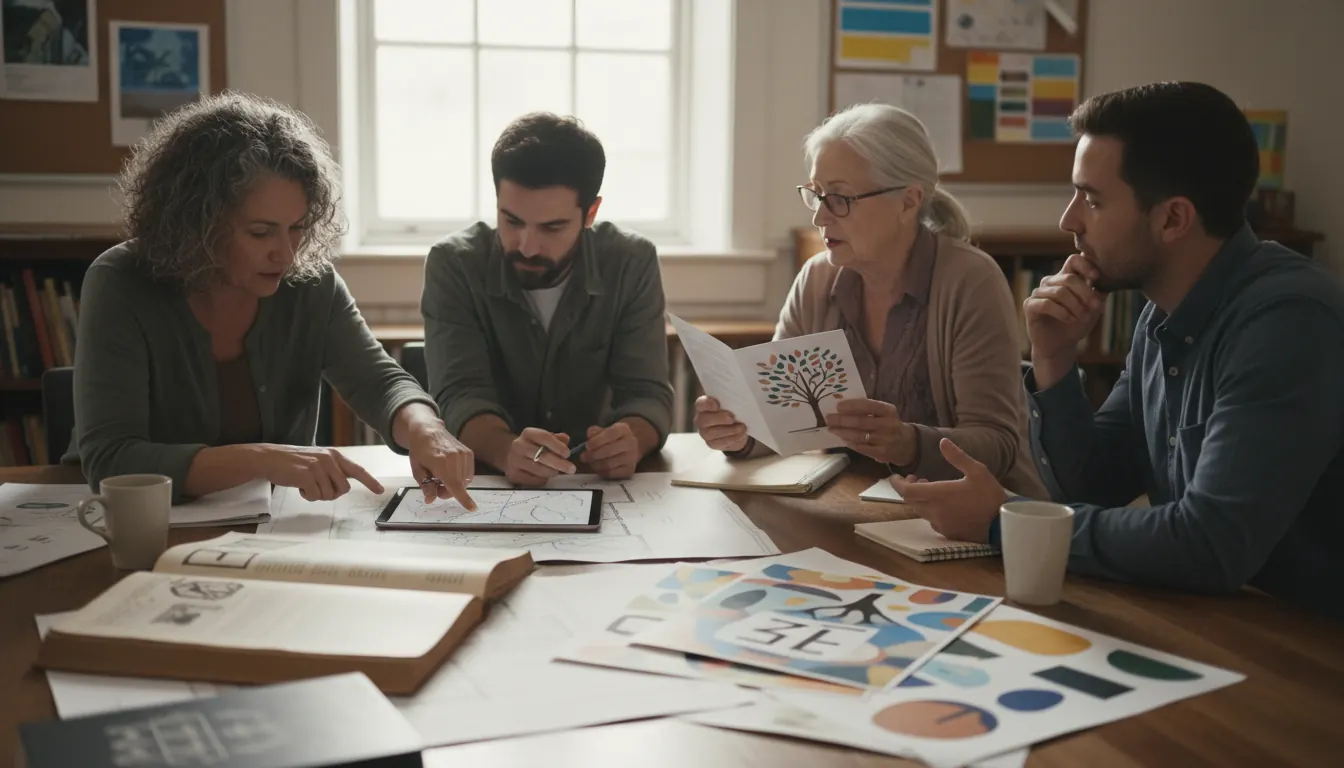 Community members planning local memorial event using educational materials