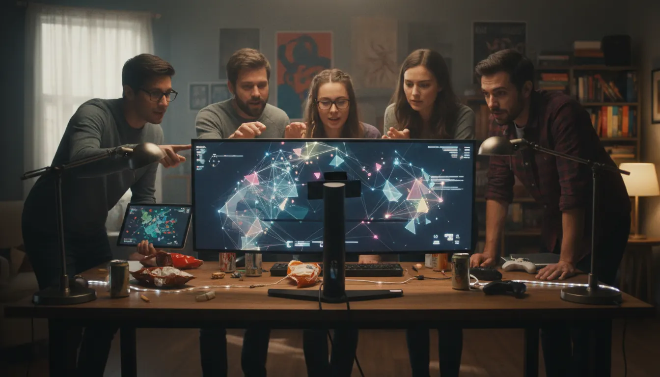 Gaming community members collaborating around shared screen during strategy session